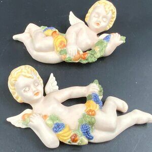 Pair of Vtg Handmade Cherubs w/Fruit Wall Hangings Porcelain 7" Victorian